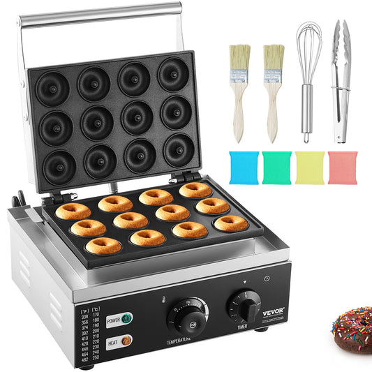 VEVOR Electric Donut Maker, 1550W Commercial Doughnut Machine with Non-stick Surface, 12 Hole Double-Sided Heating Waffle Machine Makes 12 Doughnuts, Temperature 122-572?, for Restaurant & Home Use