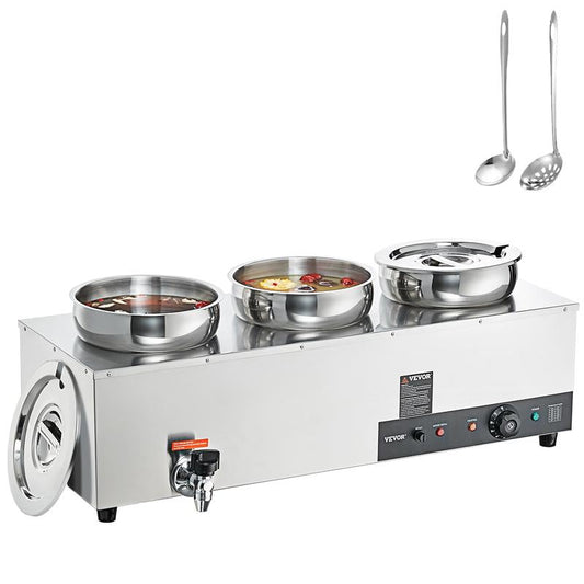 VEVOR Electric Soup Warmer, Three 6.55QT Stainless Steel Round Pot, 1200W Commercial Food Warmer, 86~185°F Adjustable Temp, Bain Marie with Anti-Dry Burn and Reset Button, for Restaurant, Buffet