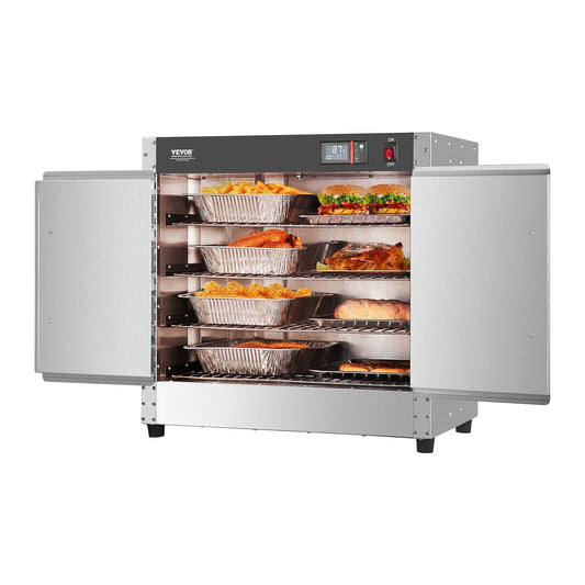 VEVOR Hot Box Food Warmer, 4-Tier Concession Warmer with Water Tray, 4 Pans, Double-door and Adjustable Shelves, Stainless Steel Food Warmer Cabinet