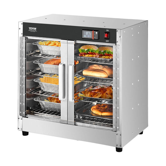 VEVOR Hot Box Food Warmer, 4-Tier Concession Warmer with Water Tray,4 Pans, Glass Double-door and Adjustable Shelves,Stainless Steel Food Warmer Cabinet, Ideal for Storing Pizza,Chicken,Restaurant