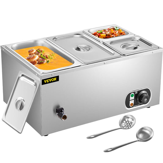 VEVORbrand Commercial Food Warmer 2x1/3GN and 2x1/6GN, 4-Pan Stainless Steel Bain Marie 24 Qt Capacity,1500W Steam Table 15cm/6inch Deep,Temp. Control 86-185?, Electric Soup Warmer