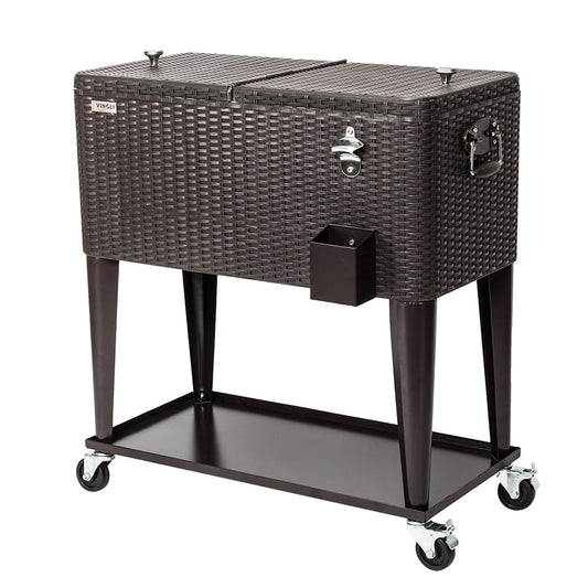 VINGLI 80 Quart Steel Rolling Ice Chest, Cooler Cart with Shelf, Bottle Opener