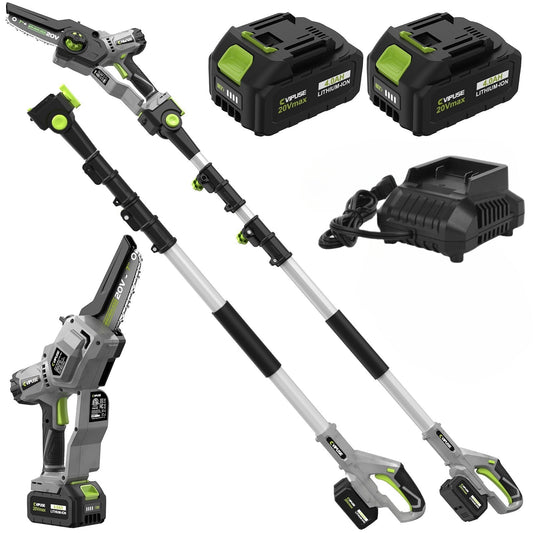 Vipuse 2-in-1 Brushless Cordless 16 FT Max Extension Pole Saws with Two 4.0Ah Rechargeable Batteries and 2.0Ah Fast Charger, 5.5lb Lightweight Auto Oiling 7 inch mini chainsaws for Tree Trimming
