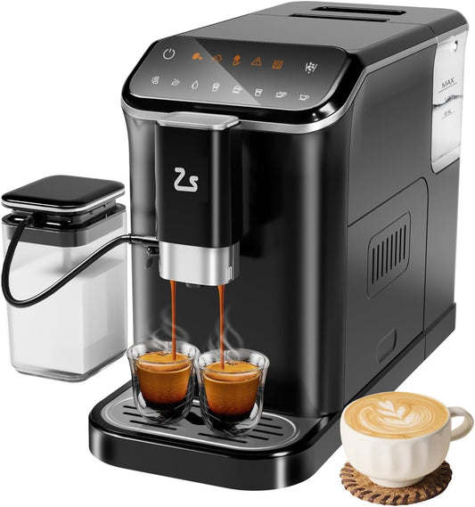 WALYWIK Fully Automatic Espresso Machine with Built-In Adjustable Grinder, Milk Frother, 20-Bar Pump, 1.5L Water Tank, Touch Panel Control for Espresso, Latte & Cappuccino – Black