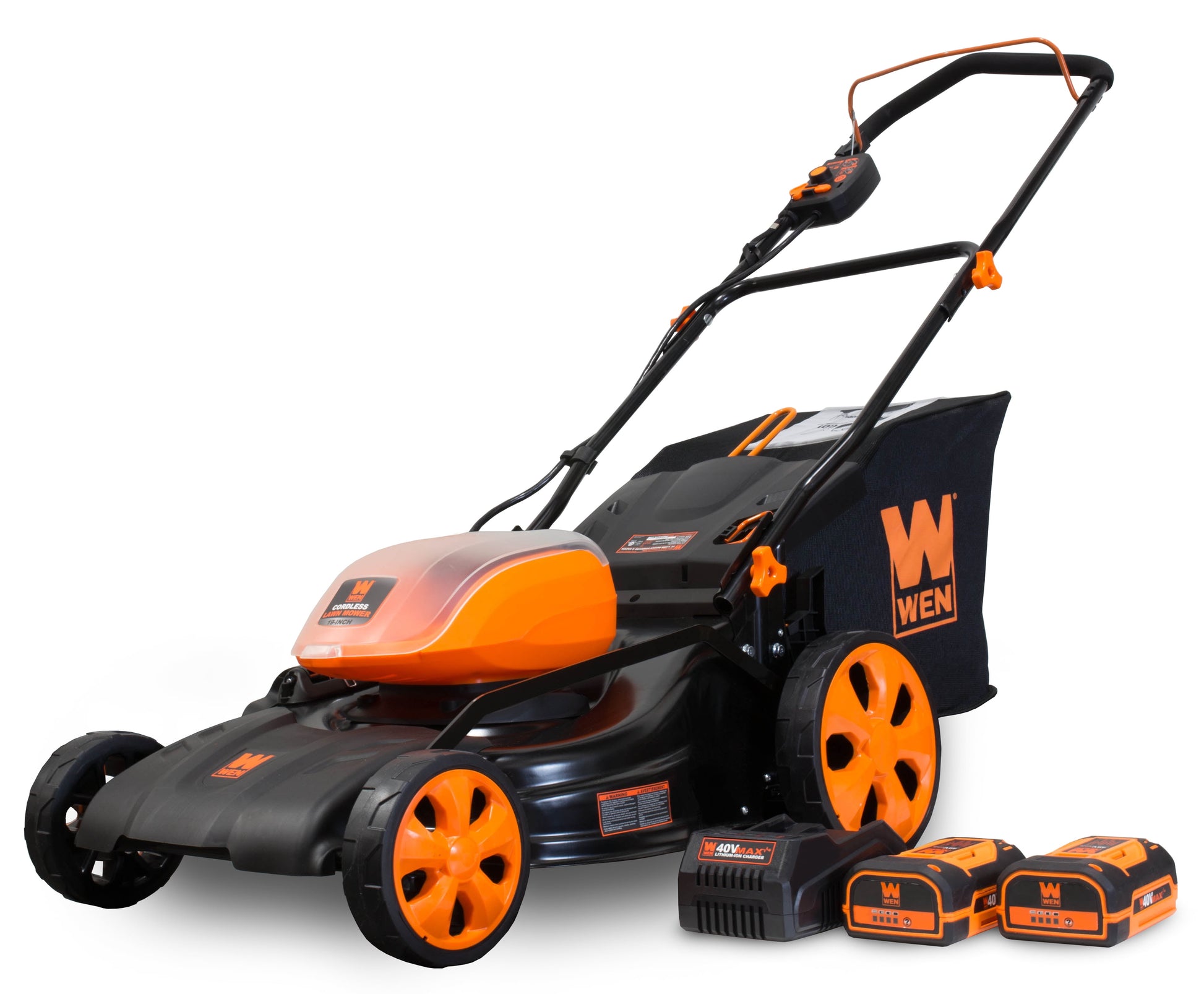 WEN 40V Max Lithium Ion 19-Inch Cordless 3-in-1 Lawn Mower with Two Batteries, 16-Gallon Bag and Charger