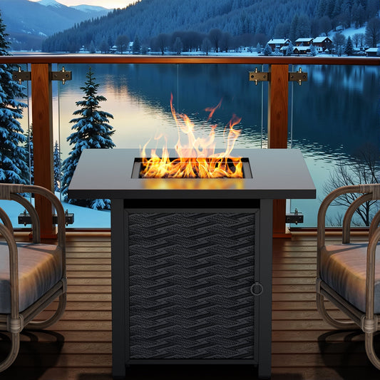 Walsunny 28" Propane Fire Pit Table Outdoor Gas Fire Pit with Lava Rocks 50,000 BTU Fire Table with Lid, Waterproof Cover