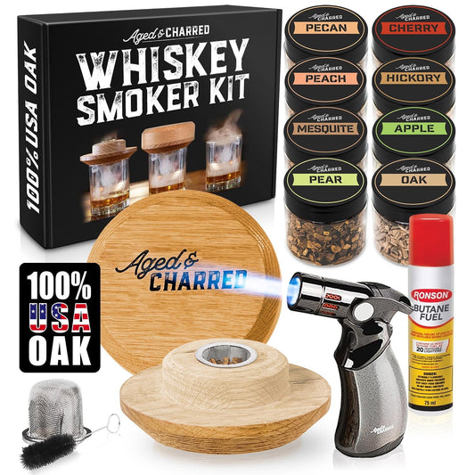 Whiskey Smoker Kit with Torch & Butane – Bourbon Smoker Kit with 8 Flavors of Wood Chips – 100% USA Oak Smoker for Cocktails – Old Fashioned Smoker Kit Gift Set for Men