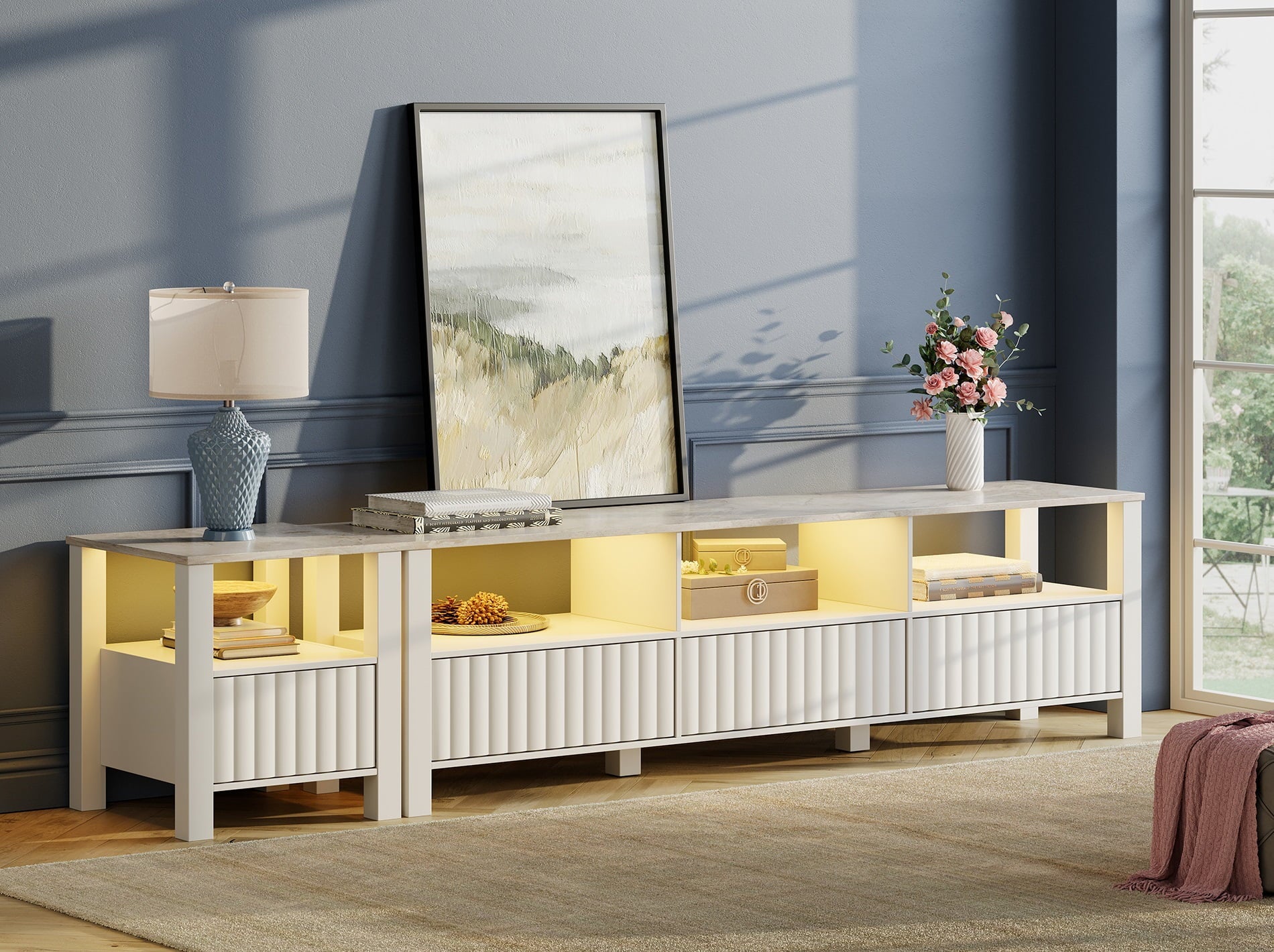 White TV Stand for 85 Inch TV, Modern Entertainment Center for 75 80 90 Inch TV with Storage Cabinet, LED TV Console Tablet for Living Room Bedroom Office