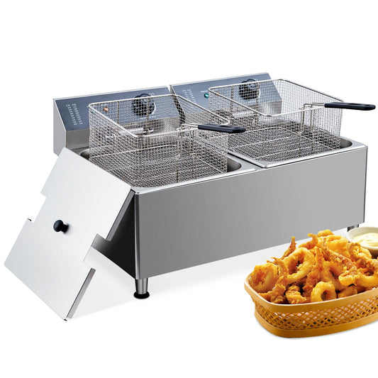 Whizmax 22L Electric Deep Fryer, 3400W Dual Tank Fryer with Baskets, Lid & Temperature Control for Home & Commercial Use
