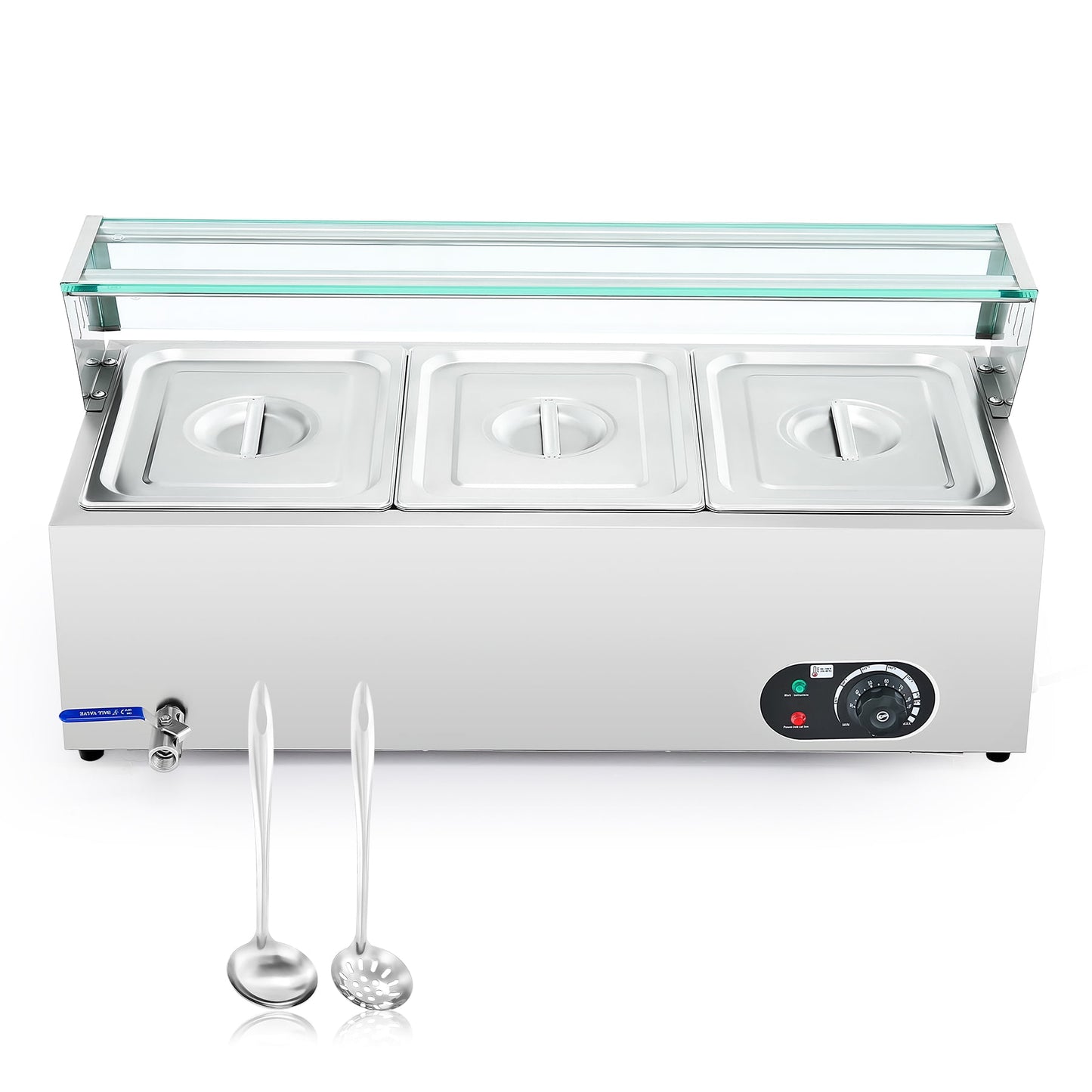 Wilprep Commercial Food Warmer w 3 Stainless Steel Pans Lids Glass Shelf Buffet Server