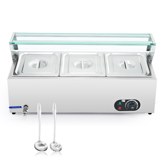 Wilprep Commercial Food Warmer w 3 Stainless Steel Pans Lids Glass Shelf Buffet Server