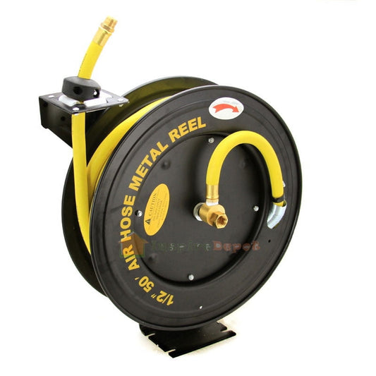 XtremepowerUS 50' Auto Rewind Retractable Reel With 1/2" x 50' Rubber Air Hose With Brass Fittings, 300 PSI Burst