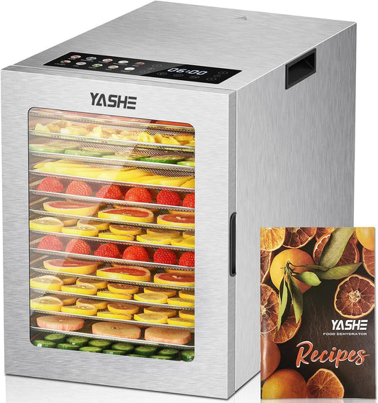 YASHE Food Dehydrator Machine 14 Stainless Steel Trays, 10 Presets Food Dryer with 48H Timer and Temp Control, 850W Dehydrators for Food and Jerky, Herbs, Meat, Fruit, Dog Treats, Recipes Included