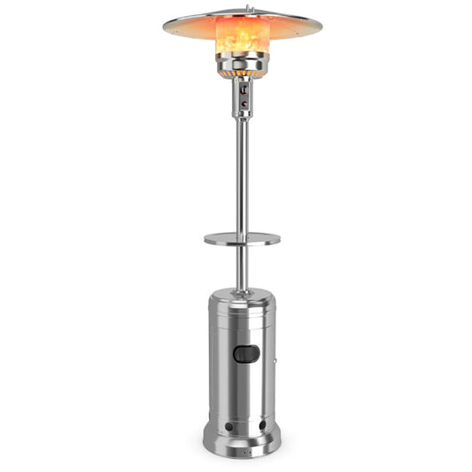 Yardi Yard Outdoor Heater Propane Standing LP Gas Steel with Table and Wheels-Silver, Heat Lamp, Outdoor Heater for Home and Residential