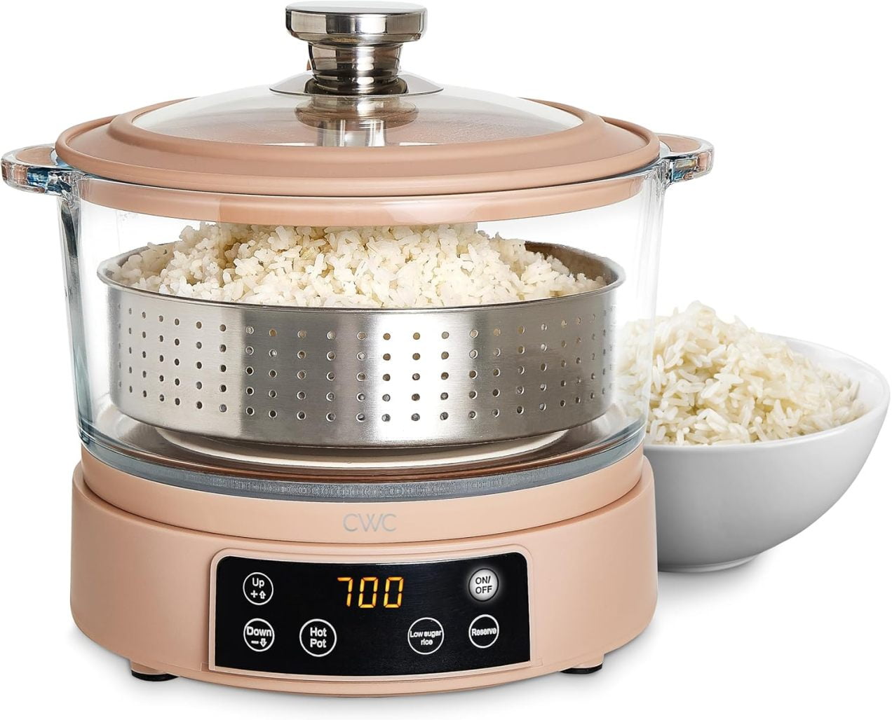 ZSWP 3L Glass Low Carb Rice Cooker - Makes 2 Cups Low Sugar Rice with Auto Lift Filter Basket, Hotpot & Steamer for Rice, Grains and Oats, Digital Panel with Keep Warm Function, Blush