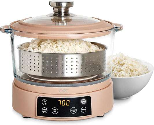 ZSWP 3L Glass Low Carb Rice Cooker - Makes 2 Cups Low Sugar Rice with Auto Lift Filter Basket, Hotpot & Steamer for Rice, Grains and Oats, Digital Panel with Keep Warm Function, Blush