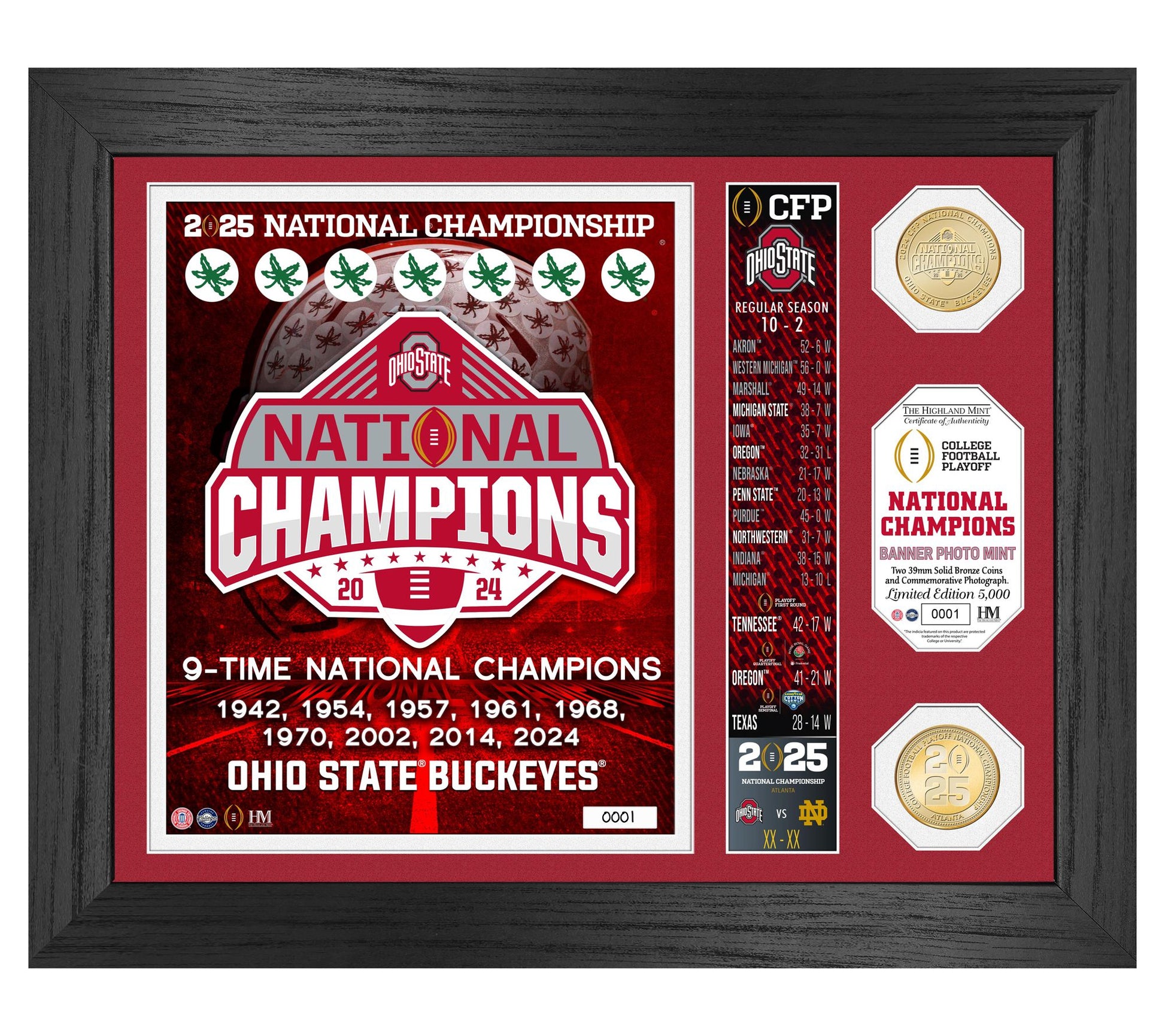 Highland Mint Ohio State 2025 CFP Champ Photo and Banner Frame