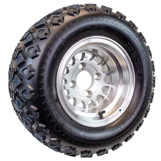 eCustomrim 20x10.00-10 Golf Cart ATV Tire On 10X7 Gloss Silver Rim B7 All Terrain Mud Turf Knobby