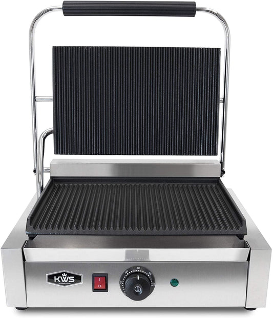 KWS PM-17 Premium 110V Electric Commercial 1700W Panini Grill with Grooved Plates - 13.5" x 9.25" Cooking Surface Restaurant/Deli/Butcher Shop