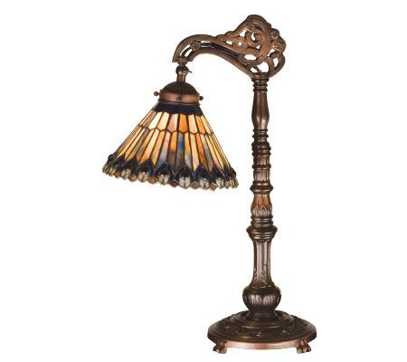 Tiffany-Style Jeweled Peacock Bridge Arm Desk Lamp