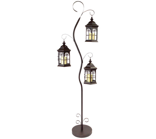 Backyard Expressions Steel Stand with 3 Lantern s and Hooks