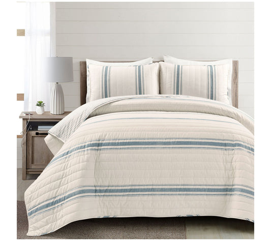 Farmhouse Stripe Reversible Cotton Quilt 3 Pc Set F/Q
