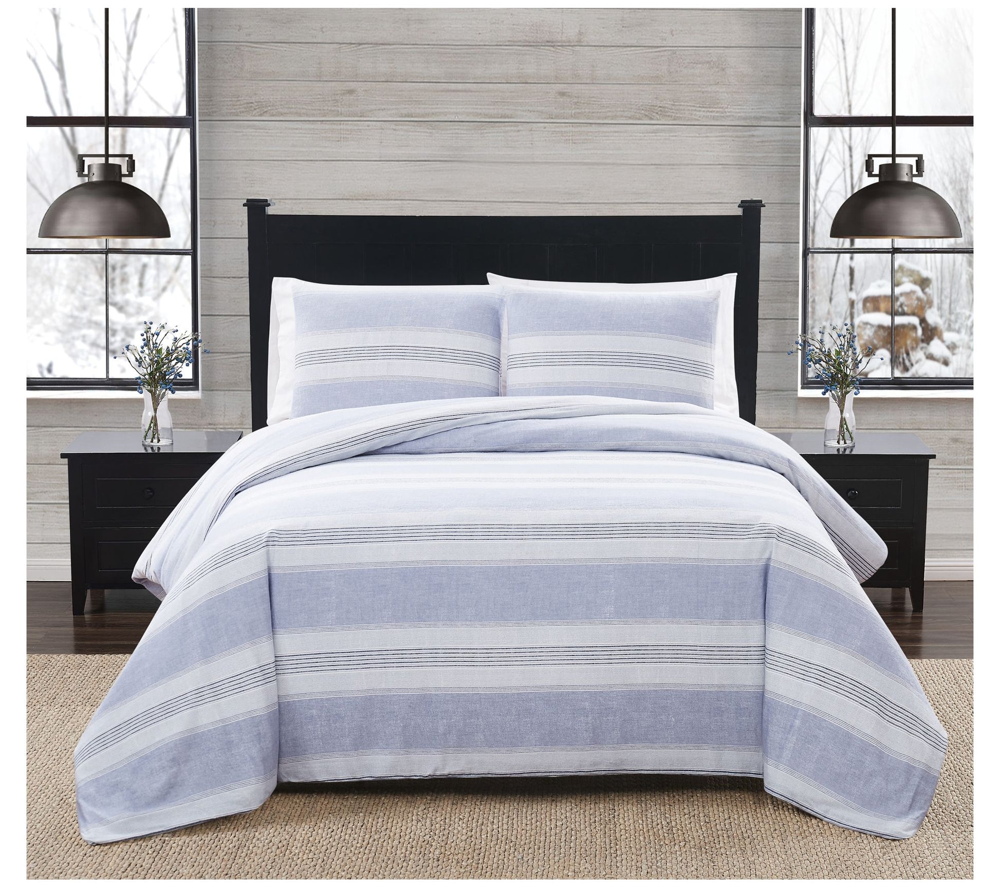 London Fog Blue Stripe Full/Queen 3 PC FlannelComforter Set