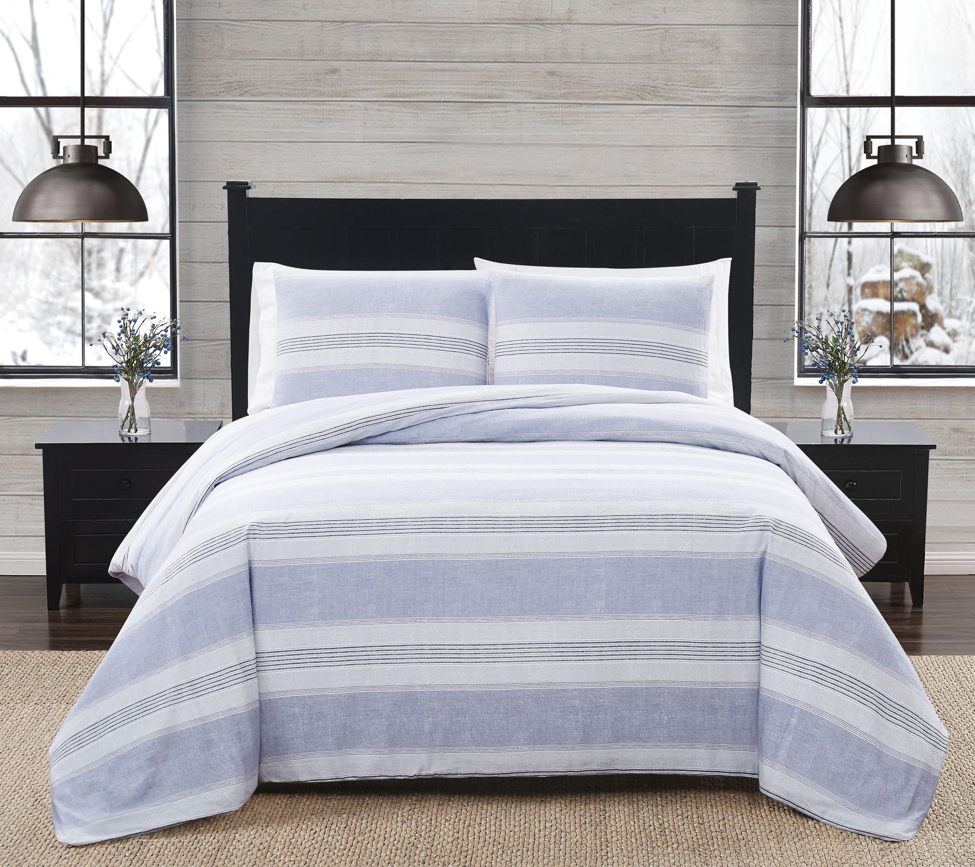 London Fog Blue Stripe Twin XL 2 Piece FlannelComforter Set