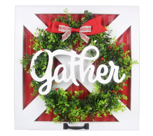 Young's wood barn door w/"Gather" wreath