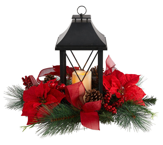 Nearly Natural 15" Holiday Poinsettia, Pinecone w/Lantern
