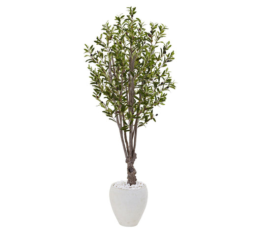 Nearly Natural 5' Olive Tree in White Oval Planter