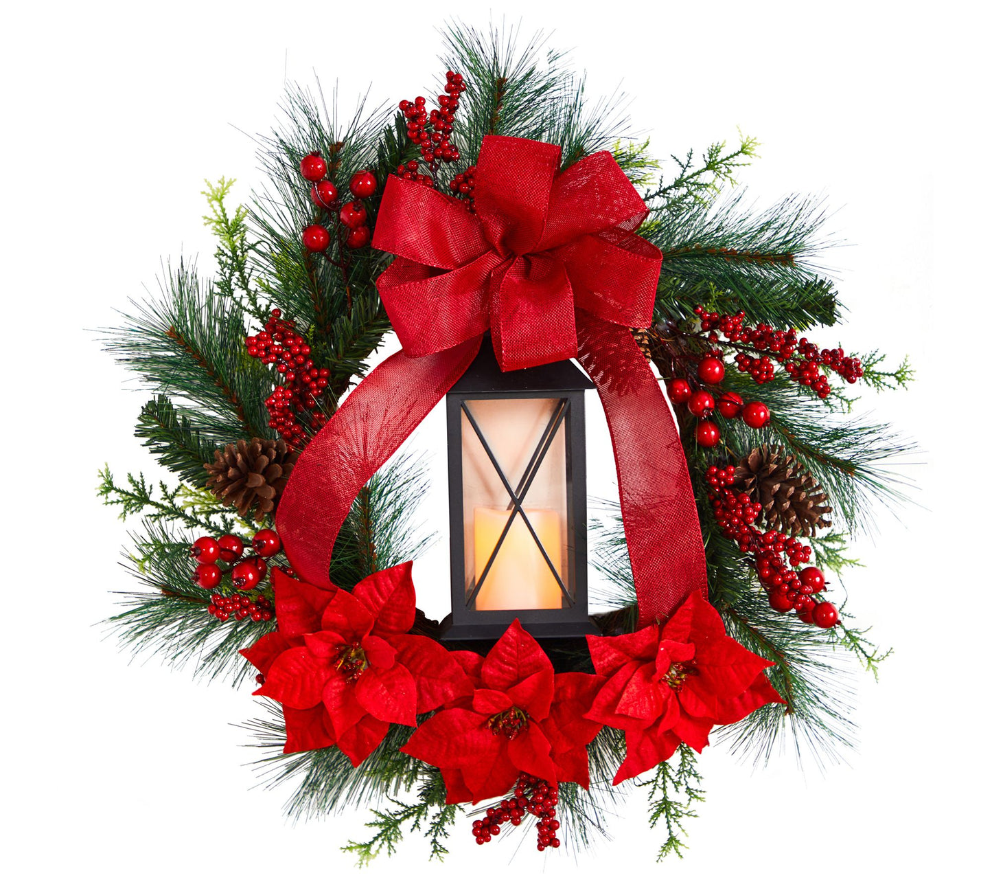 Nearly Natural 28 in. Poinsettia & Berry Wreathw/LED Candle