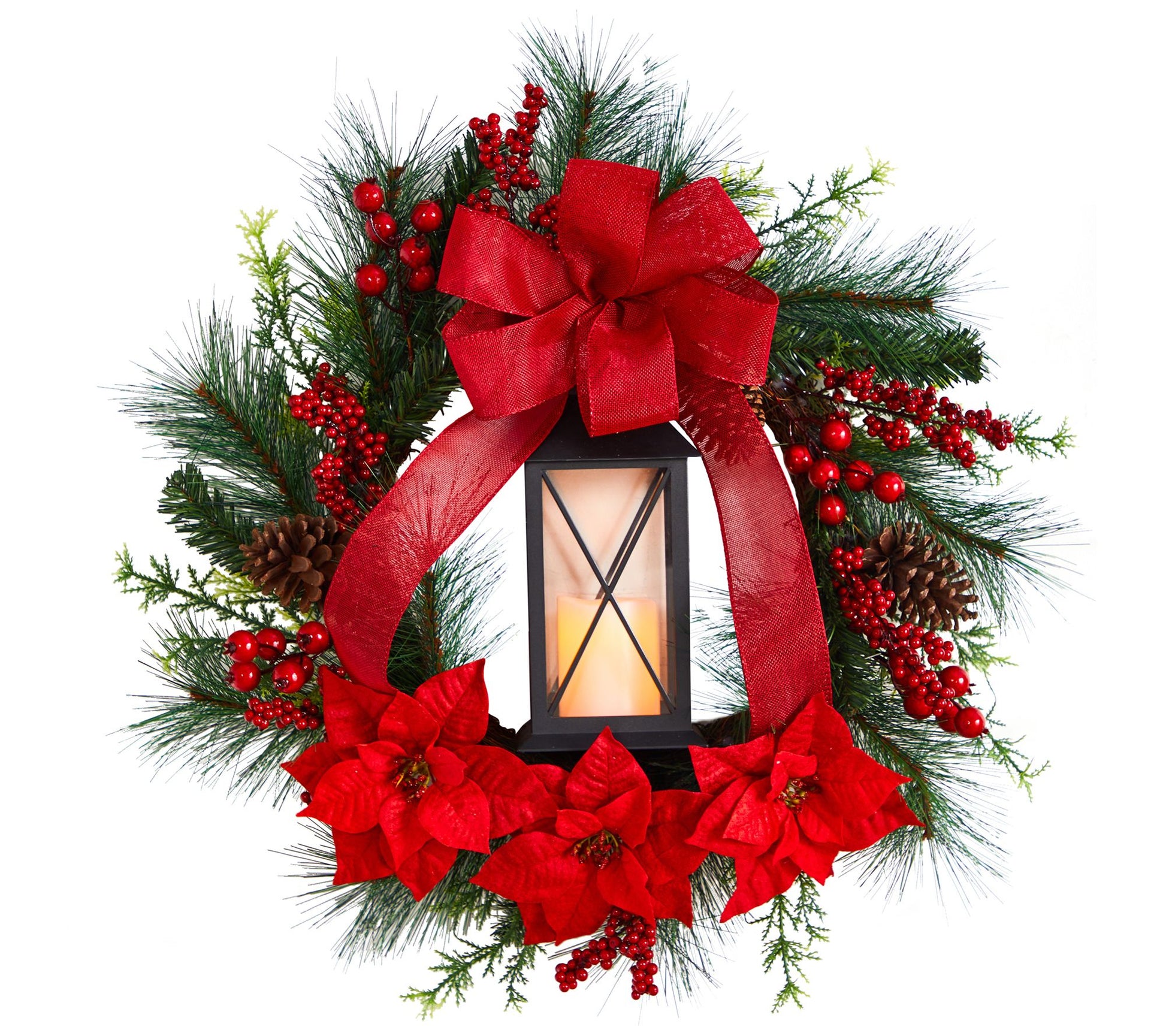 Nearly Natural 28 in. Poinsettia & Berry Wreathw/LED Candle