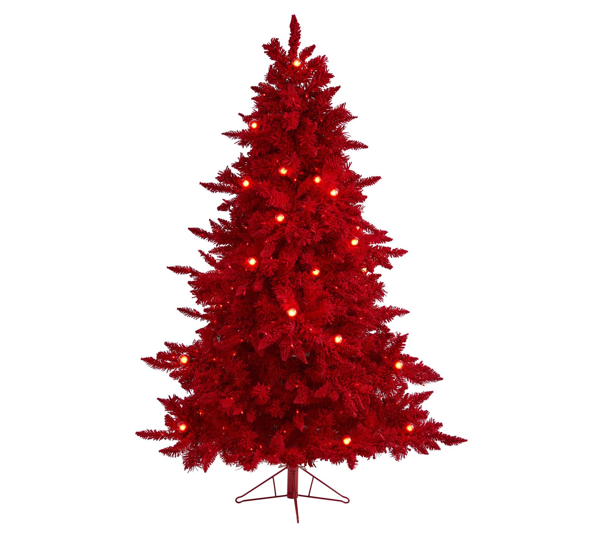 Nearly Natural 6' Red Flocked Christmas Tree w/ Lights