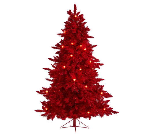 Nearly Natural 6' Red Flocked Christmas Tree w/ Lights