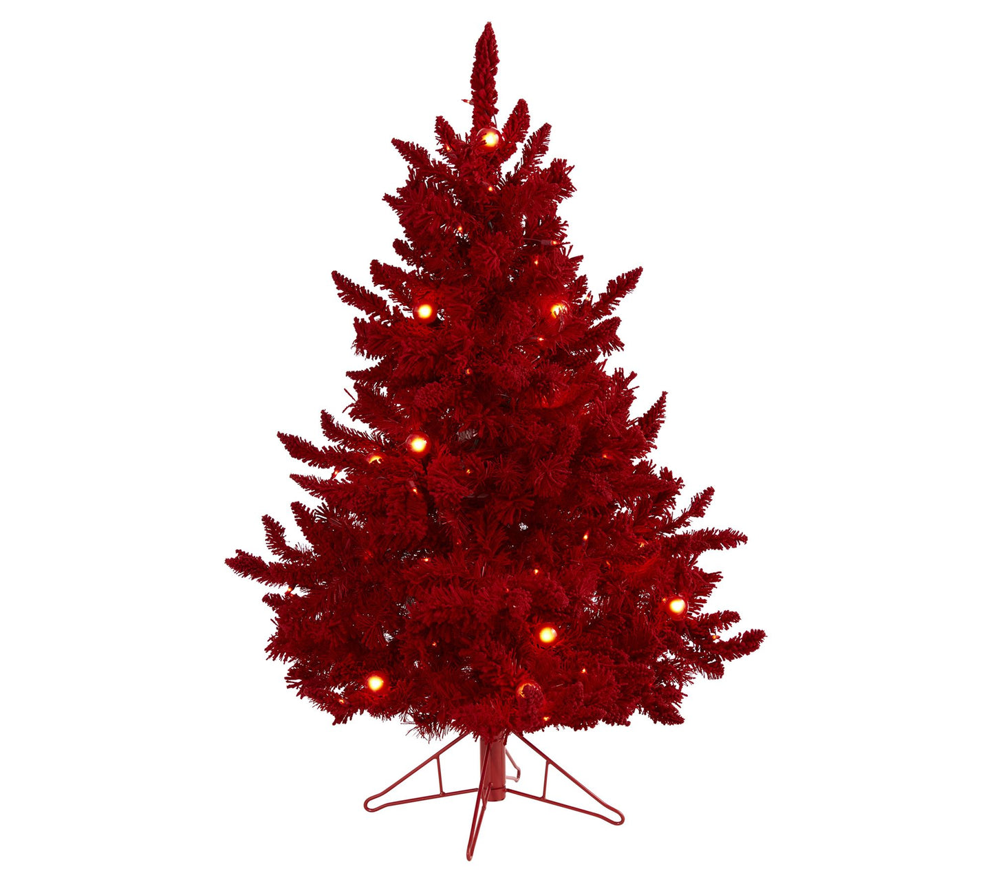 Nearly Natural 4' Red Flocked Christmas Tree w/ Lights
