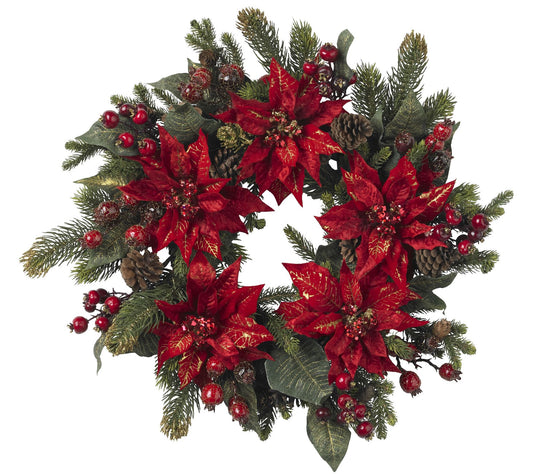 24" Poinsettia & Berry Wreath by Nearly Natural