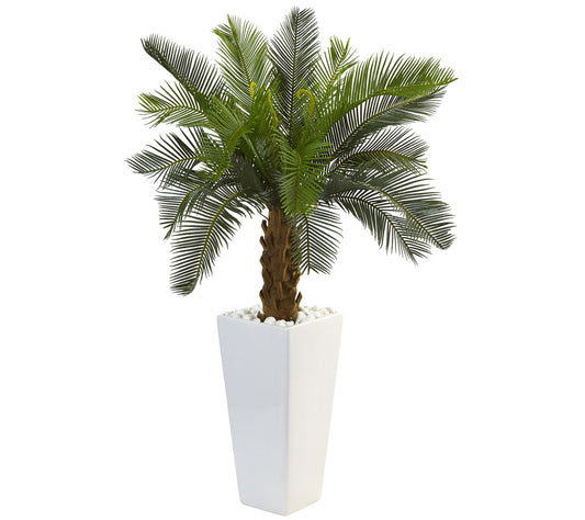 3' Cycas Tree in White Tower Planter by Nearly Natural