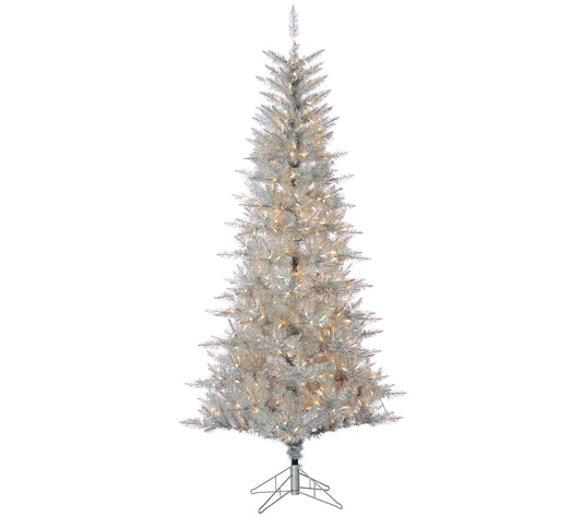7.5' Silver Tuscany Tinsel Tree with Clear Lights
