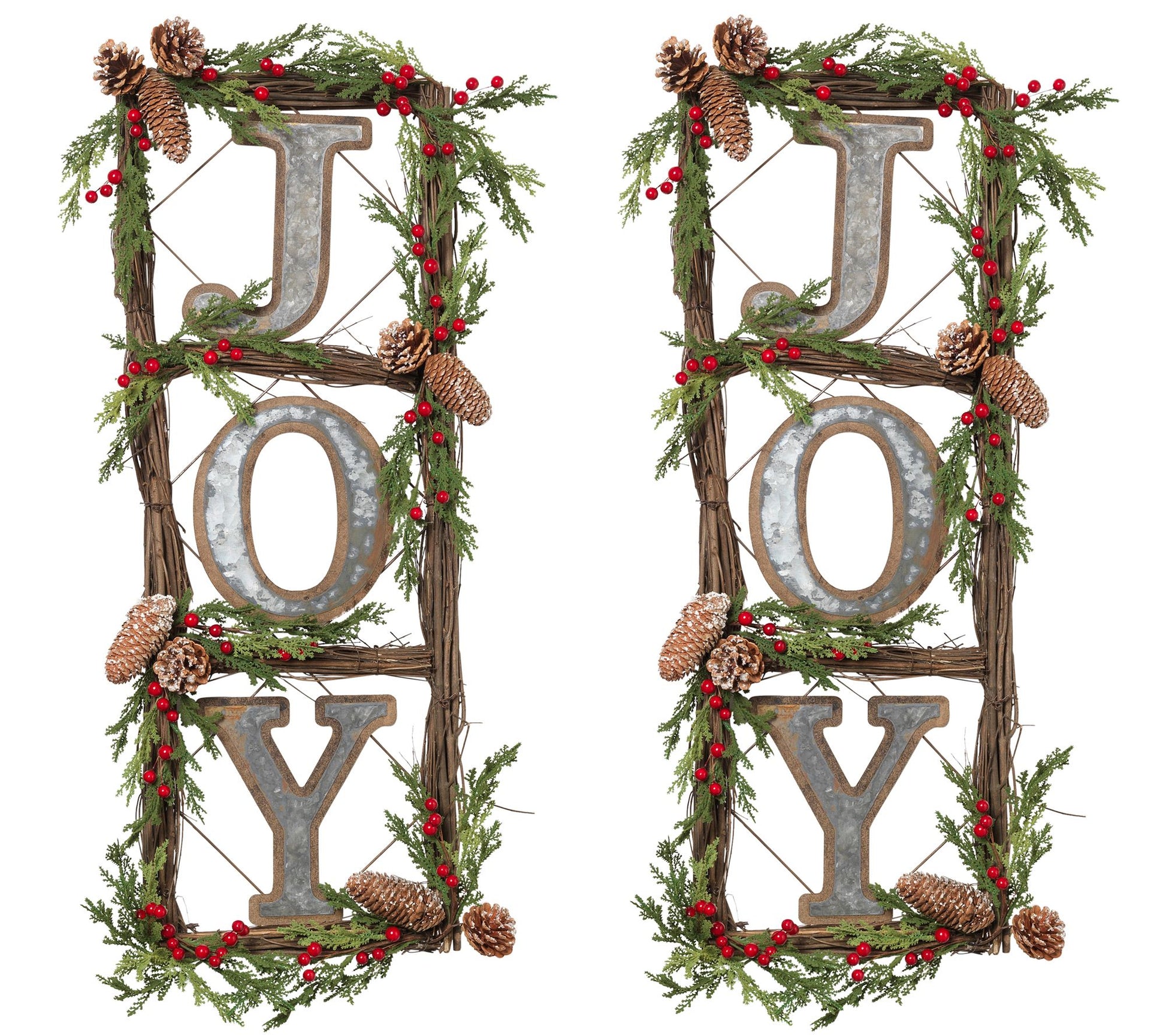 Natural Twig "JOY" Door Wreaths w/ Berry and Pinecone Accents