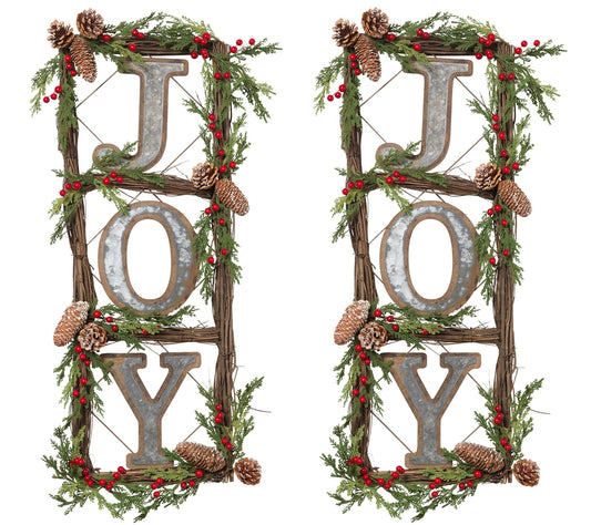 Natural Twig "JOY" Door Wreaths w/ Berry and Pinecone Accents