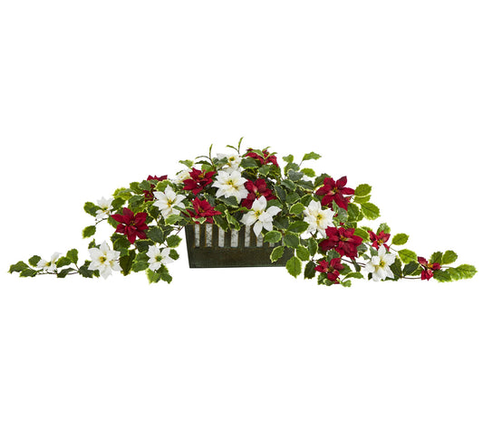39" Poinsettia and Variegated Holly Plant in Pl anter
