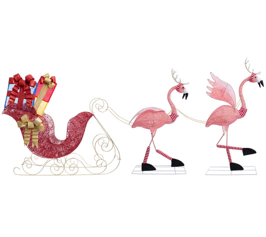 Haute Decor 92" Outdoor Reindeer Flamingos w/Sleigh & Present
