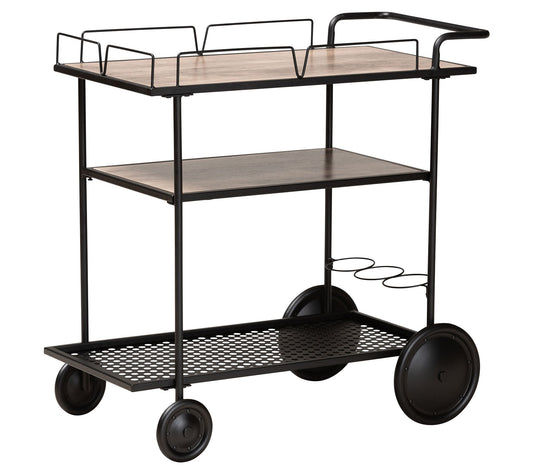 Huntley Walnut Brown Wood and Black Metal Mobil e Wine Cart