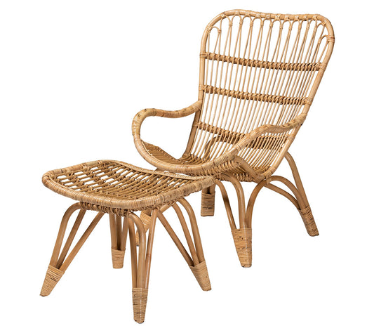 Earvin Natural Brown Rattan 2-Piece Armchair and Footstool Set