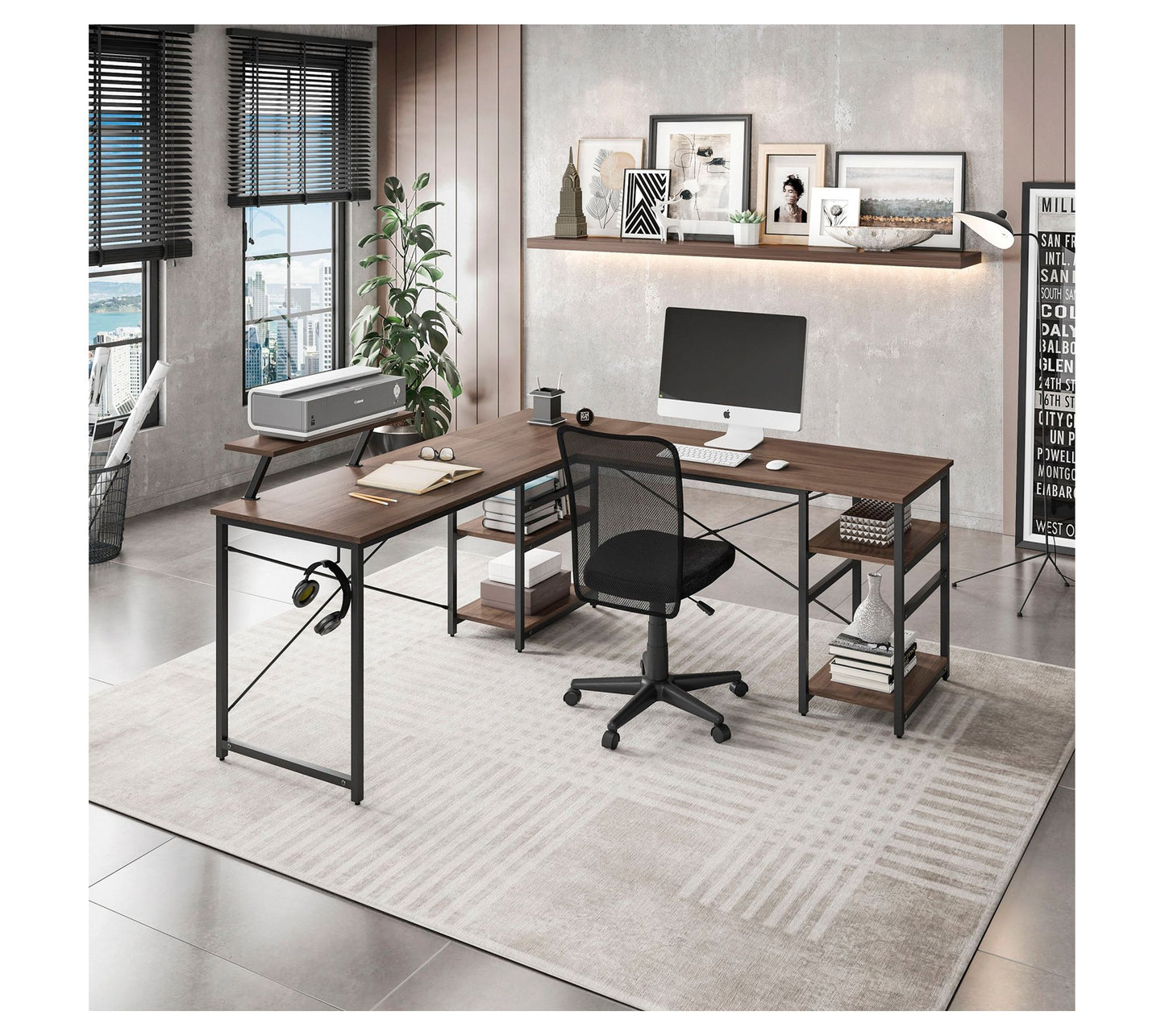 TECHNI MOBILI 59 " W L-Shape Walnut Industrial Desk W/Shelving