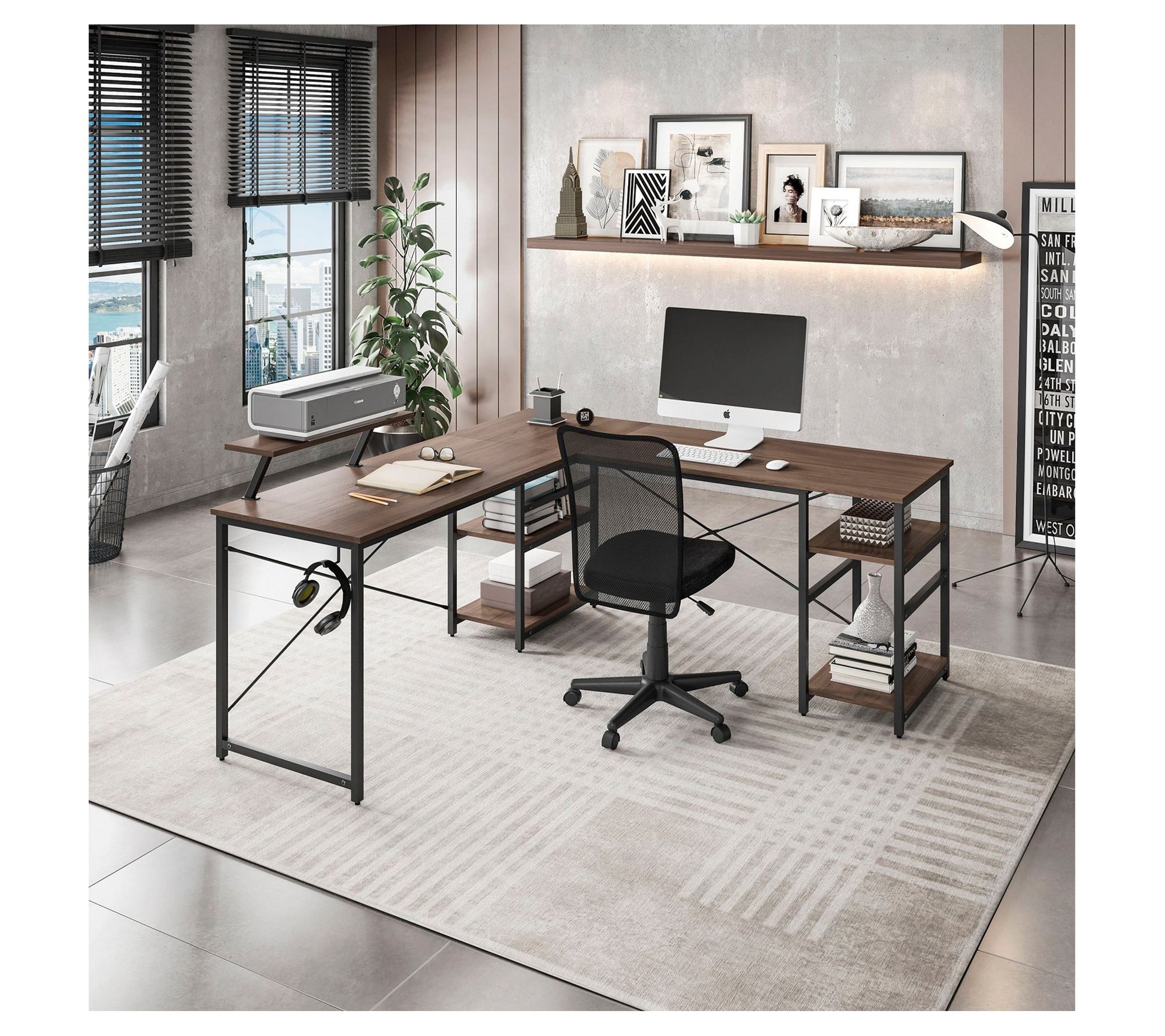 TECHNI MOBILI 59 " W L-Shape Walnut Industrial Desk W/Shelving