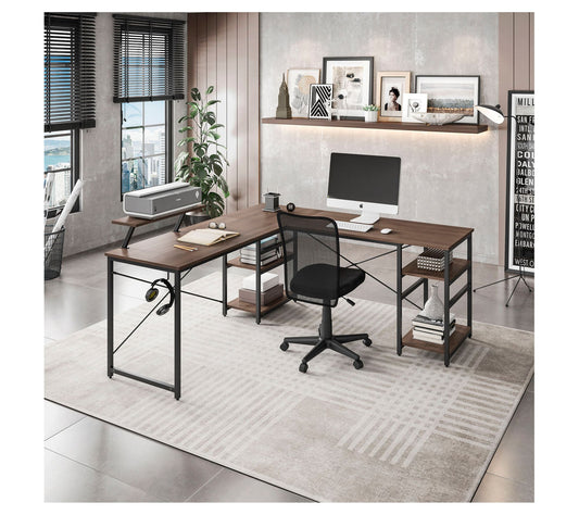 TECHNI MOBILI 59 " W L-Shape Walnut Industrial Desk W/Shelving