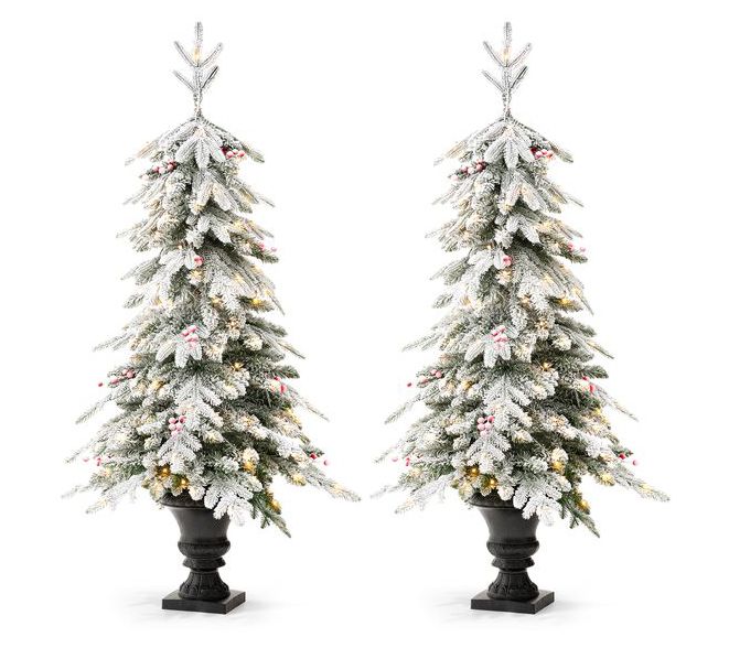Glitzhome 5' Pre-Lit Flocked Faux Christmas Porch Tree S/2
