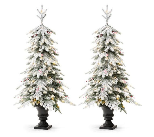 Glitzhome 5' Pre-Lit Flocked Faux Christmas Porch Tree S/2
